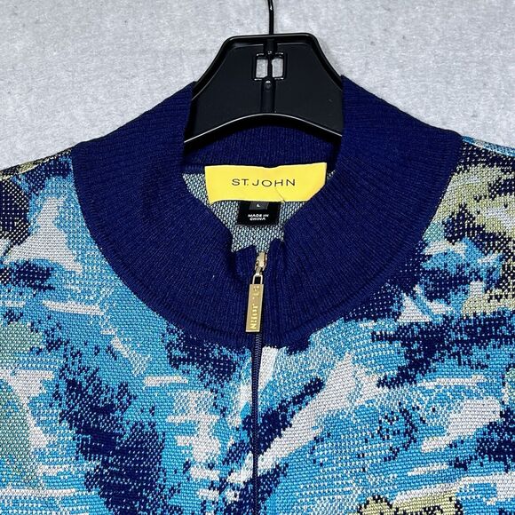 St. John Jacket Knit Waterfall Printed Women’s Large Full Zip Gold Accent - Picture 2 of 11